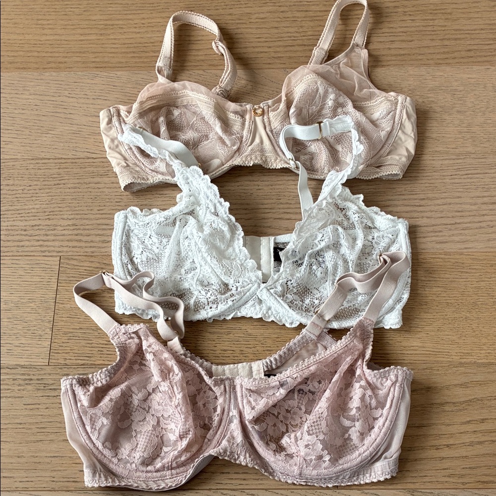 Bundle of Natori& Chantelle Lace Underwire Bra Trio — Blush, White & Dusty Pink